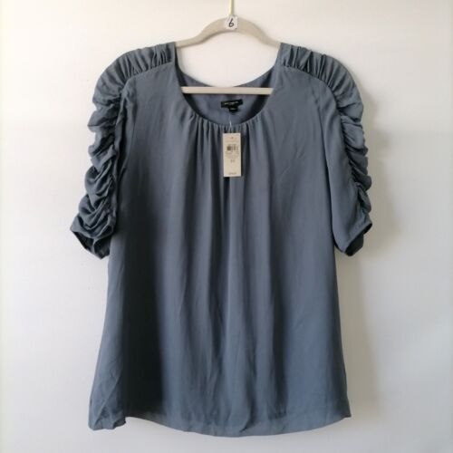 NWT Ann Taylor Womens Slate Gray Ruched Puff Sleeve Blouse Top Size 10