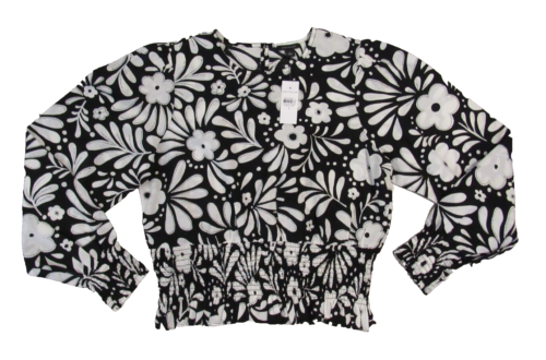 Ann Taylor Floral Smocked Blouse Black White Flowers Womens S Long Sleeve Career