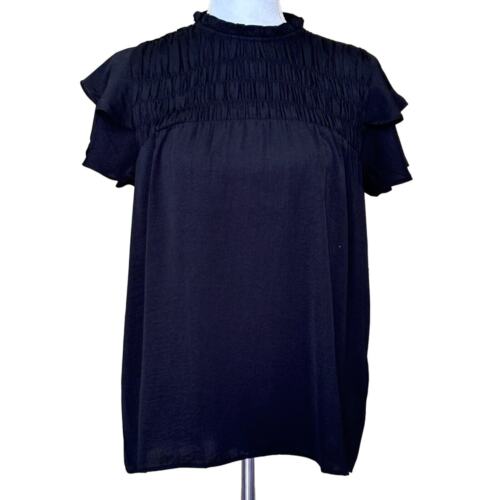 Ann Taylor black silky smocked top, medium, flowy, flutter sleeves, babydoll