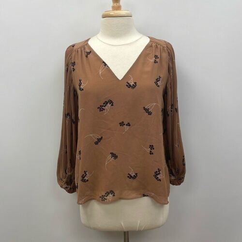 Ann Taylor Floral V-Neck Pleated 3/4 Sleeve Pullover Blouse Brown Small Petite