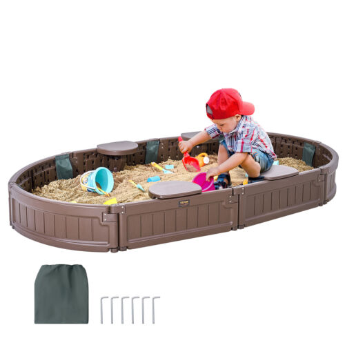 VEVOR Sandbox with Cover Oval Sand Box HDPE Sand Pit Outdoor Backyard Ages 3-12