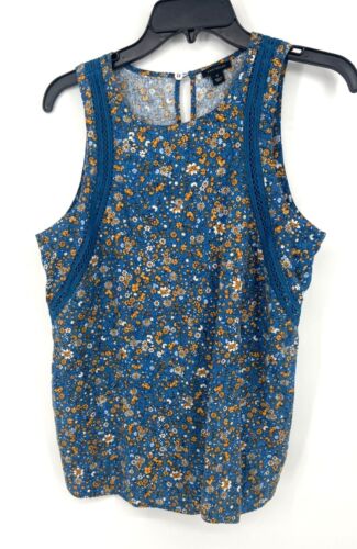 Ann Taylor Womens Ditsy Floral Print Linen Blend Size Small Tall Blue Tank