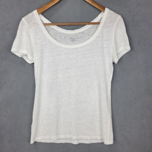 Ann Taylor Loft T-Shirt Women’s S Petite White Linen Round Neck Short Sleeve