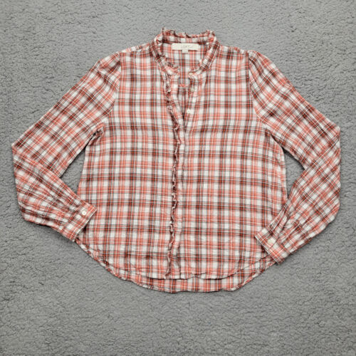 Ann Taylor LOFT Shirt Women’s Extra Small Pink White Red Plaid Long Sleeve