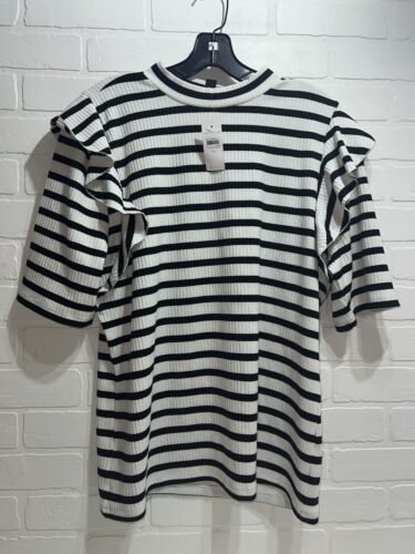 NWT! ANN TAYLOR Stripe Ribbed Ruffle Shoulder Top Black & White Size XXL $60