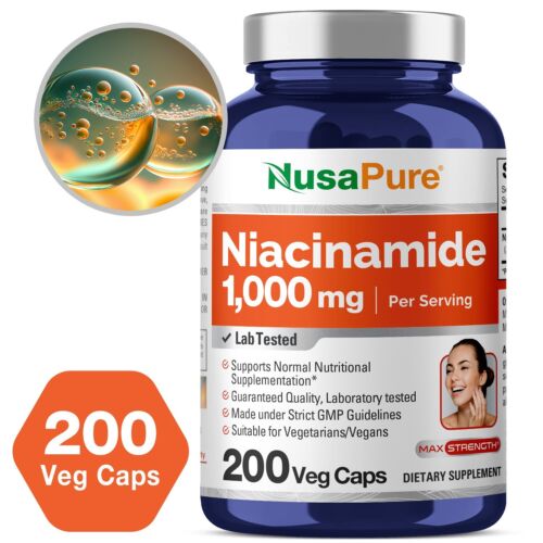 NusaPure Niacinamide 1000mg 200 Veggie Capsules (Non-GMO & FlushFree)