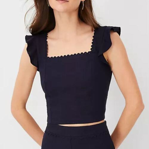 Ann Taylor Navy Blue Linen Crop Top 2 Ric Rac Linen Tank Top Smocked Ruffle