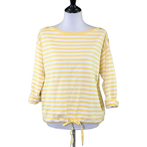 Anne Klein Yellow Striped Pullover Top French Terry Drawstring Waist LARGE