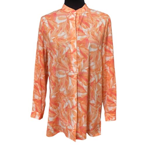 Anne Klein Orange Nehru Retro Floral Tropical V-Neck Tunic Top Size Small