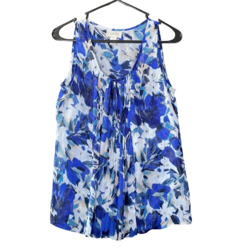 Ann Taylor LOFT Womens Blouse White Blue Floral Pleated Sleeveless Small