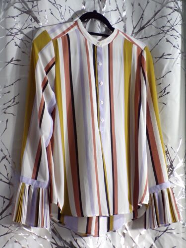 Beautiful Feminine Ann Taylor Striped Blouse Pleated Cuffs Size MP Medium Petite