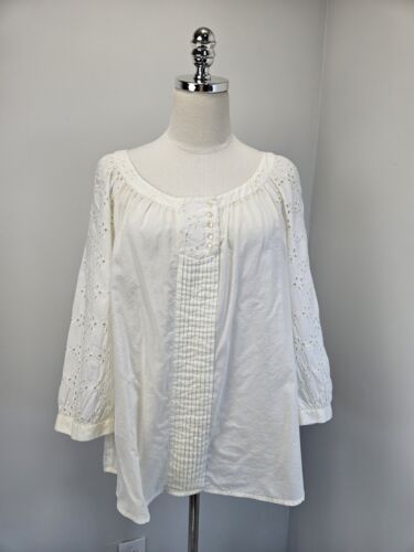 Ann Taylor Loft Womens Blouse Large Ivory Embroidered Sleeves Pleated Front