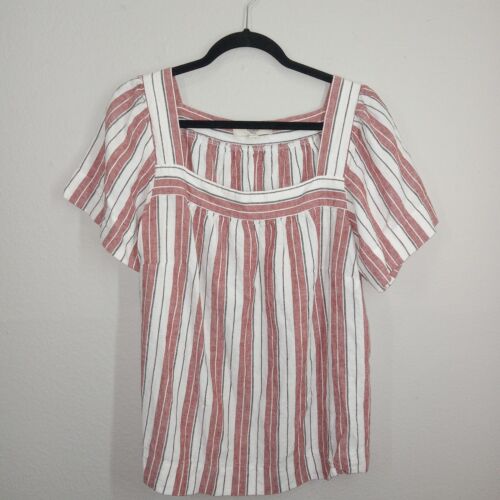 LOFT Plus Bossa Nova Red Stripe Linen-Blend Square Neck Top Womens 14