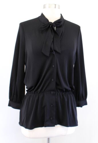 NWT Ann Taylor Womens Black Bow Tie Neck Cinched Waist Top Blouse Size PS SP