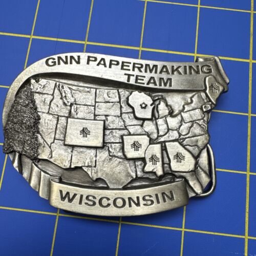 Vintage Detailed GNN Papermaking Team Wisconsin Silver Belt Buckle USA Map