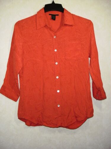 Anne Carson Shirt Top Women S Red Silk Collared Embossed Fitted 3/4 Sleeve