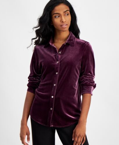 AK Anne Klein DEEP PLUM Women’s Petite Stretch Velour Utility Shirt, US P/Large