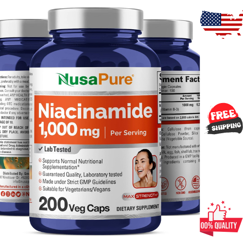 NusaPure Niacinamide 1000mg 200 Veggie Capsules (Non-GMO, Vegan) Flush Free USA