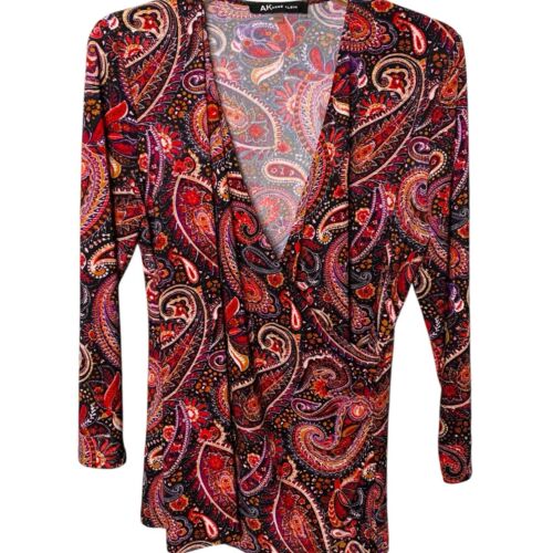 Anne Klein Top Womens Large Faux Wrap 3/4 Sleeve Colorful Paisley