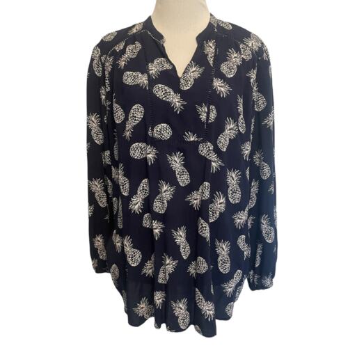 LOFT Navy Pineapple Top Womens Large Ladder Lace Novelty Popover Blouse