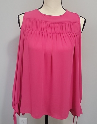 Ann Taylor Loft Women’s S Pink Cold Shoulder Tie Sleeve Smocked Blouse Top NEW