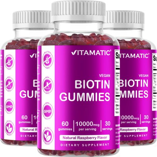 3 Pack Vitamatic Biotin Gummies 10000 mcg for Stronger Hair Skin Nails 60 Vegan