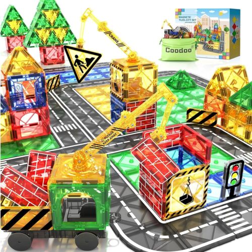 Magnetic Tiles Road Set City Building Toy With Crane For Kids Ages 3-7″