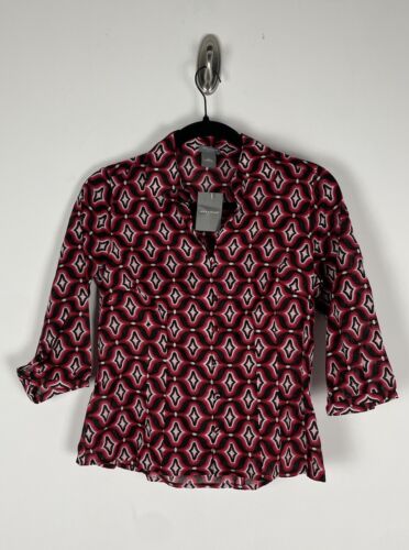 Nwt Ann Taylor Retro Top Size 2P Red Black Groovy Geometric 3/4 Sleeve