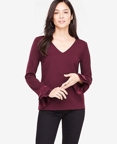 Ann Taylor – Woman’s Black or Wine Velvet Trim Ruffle Cuff Top (404)