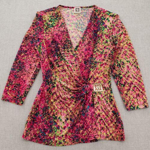 Anne Klein Womens Wrap Tunic Top Multicolor Sz S Snake Print V-neck Long Sleeve