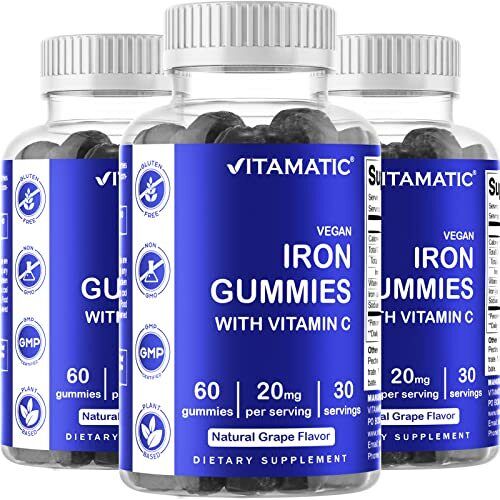 Vitamatic Iron Gummies Supplement – 20mg Serving – 60 Vegan Gummies pack of 3