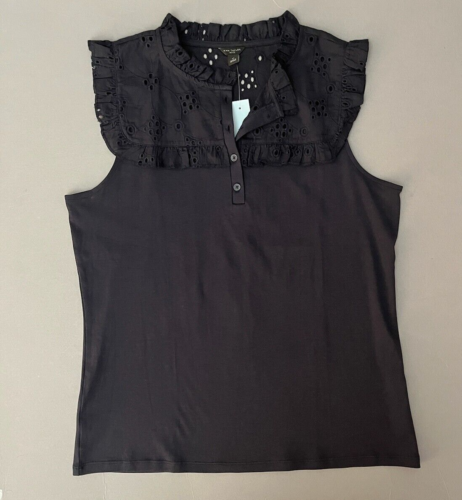 Ann Taylor Petite Navy Eyelet Collar 100% Cotton Knit Sleeveless Top Size L NWT