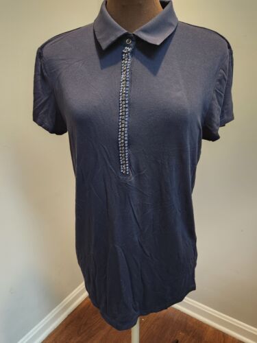 Ann Taylor Navy Blue Rhinestone Placard Cap Sleeve Collared Shirt Sz Large