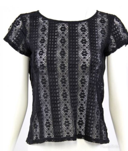 Ann Taylor LOFT  Women’s Lace Sheer Short Sleeve Blouse, Size MP, Black NEW