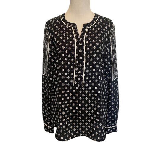 LOFT Mixed Print Popover Top Womens Small Navy Ivory Long Sleeve Peasant Blouse