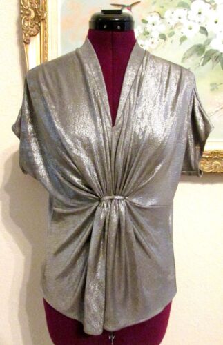 ANNE KLEIN SZ 6 PETITE SHIMMER GRAY DOLMAN SLEEVE POLY/SPANDEX V NECK TOP EUC