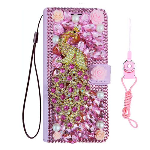 Pink Peacock Bling Diamonds Stand Leather Wallet Women Phone Case And 2 Lanyards