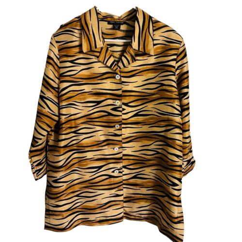 Anne Carson 100% Silk Blouse Womens 1X Tan Tiger Animal Print Button Up Tunic