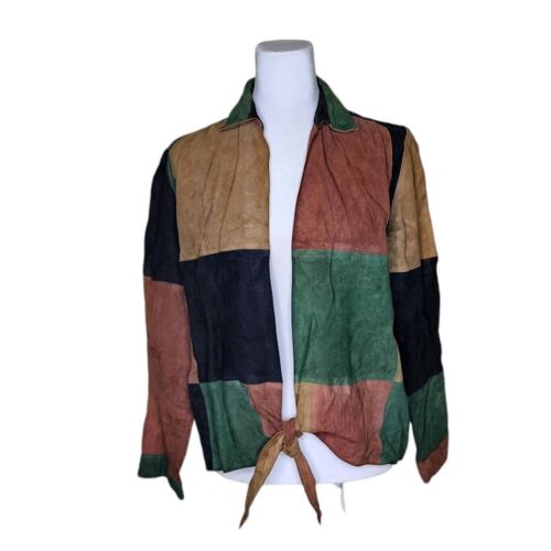 Vintage 70s Patchwork Leather Tie Waist Top Womens Size M Multicolor