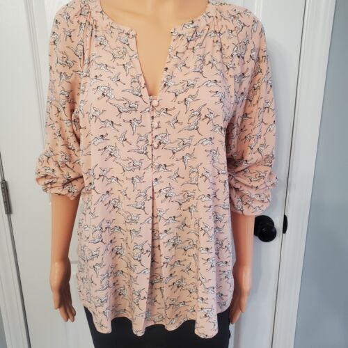 Ann Taylor Factory Woman’s Long Sleeve  Blouse Pink With Brids Print Size S