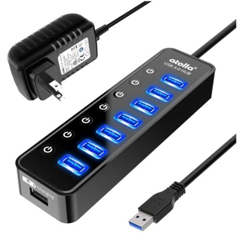 Powered USB Hub 3.0 Atolla 7-Port USB Data Hub Splitter with One Smart Charging