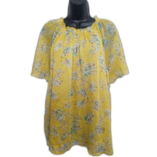 Ann Taylor Shirt Size XL Yellow Floral Keyhole in Front Ruffled Neckline Blouse