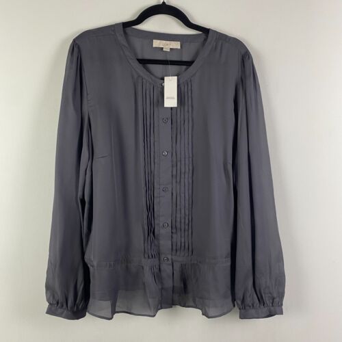 Ann Taylor Loft Pintuck Blouse Size XXL Button Up Gray Sheer Long Sleeve