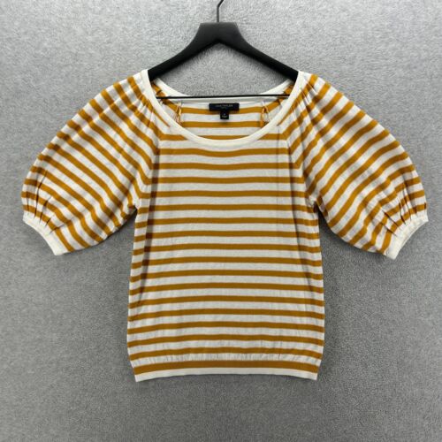 Ann Taylor Blouse Womens Small Petite Yellow Striped Puff Short Sleeve  Knit