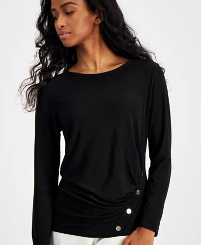 AK Anne Klein ANNE BLACK Women’s Petite Side-Ruched Long-Sleeve Top, US P/Medium