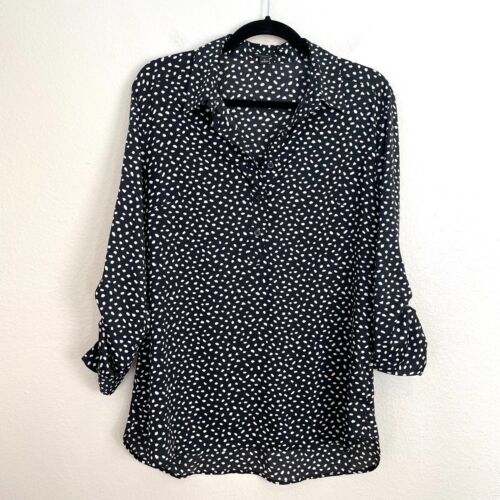 Ann Taylor Womens 8 Black Polka Dot Popover Blouse Roll Tab Sleeve Shirt Top