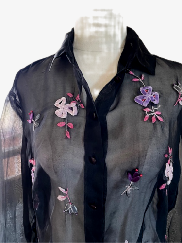 Anne Fontaine Marque Size 4 Sheer Black Floral Silk Blouse – VINTAGE 2001