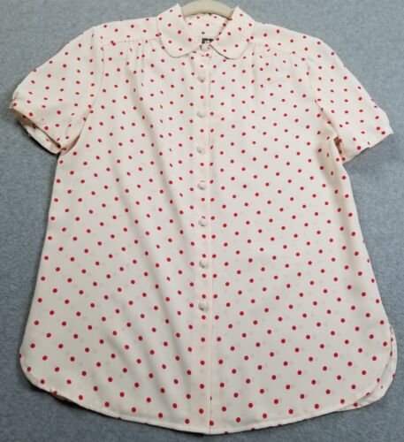 NEW Anne Klein Top Women’s 2 White Red Polka Dots Short Sleeves Sheer Button Up