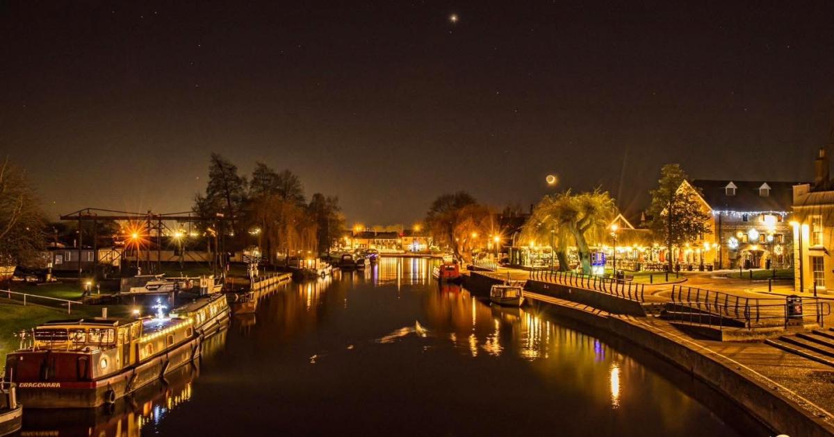 Waxing Crescent Moon and Venus over River Great Ouse in Ely