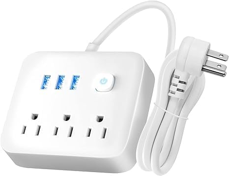 Xoopon Multi-Functional Surge Protector: 3 AC Outlets, 3 USB Ports, 5ft Flat Plug Cord, Wall-Mountable Design – Ideal for Office, Dorm, Charging Station (White), blue